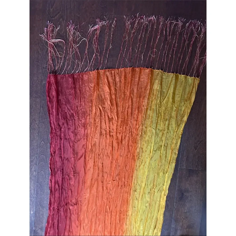 Vibrant Ombre Red-Orange Fringe Scarf, Lightweight Silky Crinkle Fabric